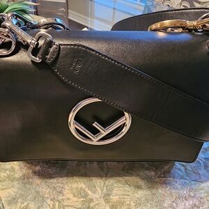 Authentic Fendi Kan I Med Black F Logo Bag • Combo Gold/Silver Hrdwr • Excellent